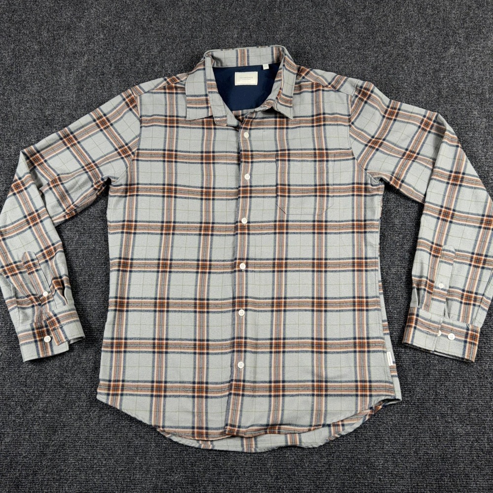 7Diamonds Hunter Plaid Flannel Button Down Shirt Size M Grey Orange‎ Blue Long